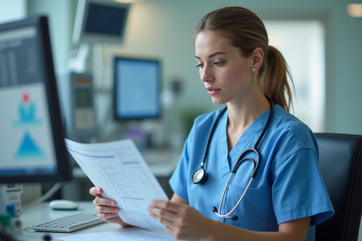 Infirmière en tenue bleue analysant un dossier patient à un poste de soins hospitalier, illustrant l'évaluation initiale dans le processus de soins infirmiers