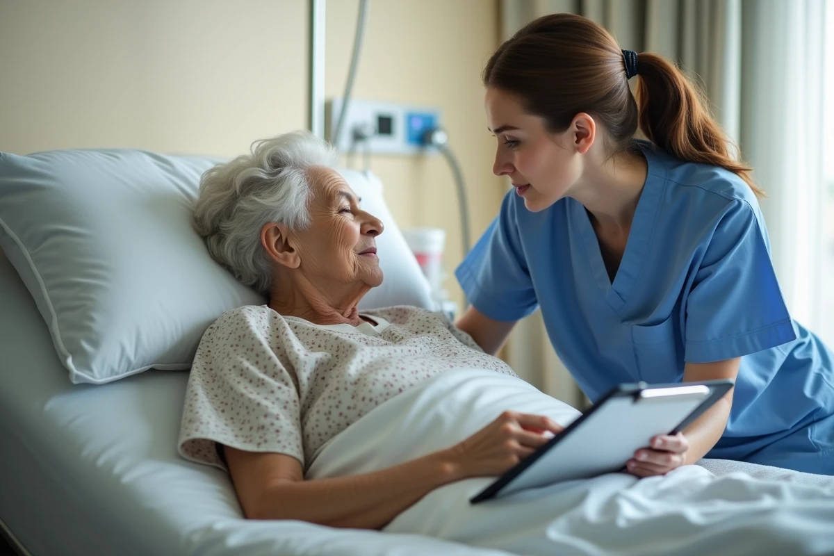 Infirmière vérifiant le calendrier de prise d'analgésiques comme le tramadol pour une patiente âgée hospitalisée