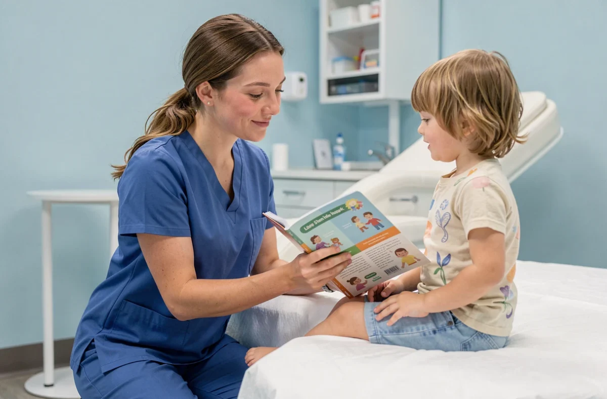 Infirmière pédiatrique en consultation montrant un carnet de santé illustré à un jeune enfant dans un cabinet médical moderne, illustrant l'accompagnement médical des nourrissons et jeunes enfants