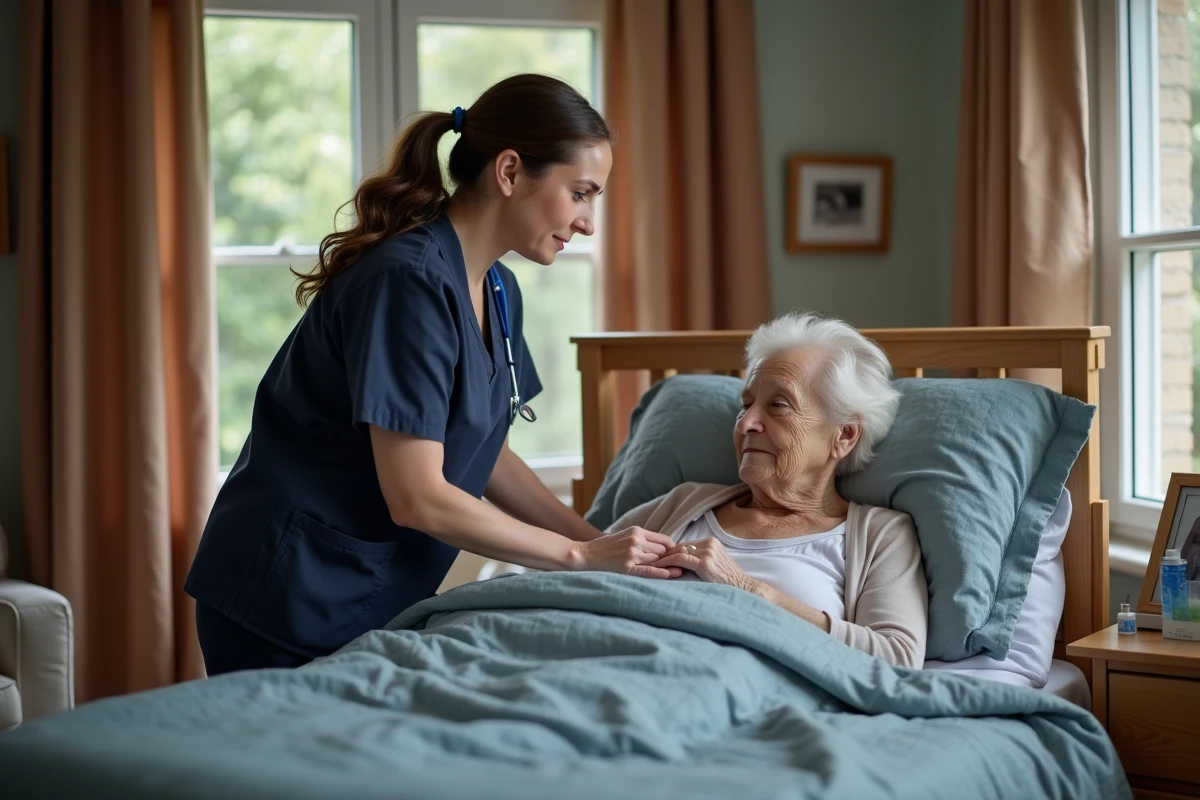 Infirmière en soins palliatifs à domicile accompagnant une femme âgée en fin de vie avec bienveillance