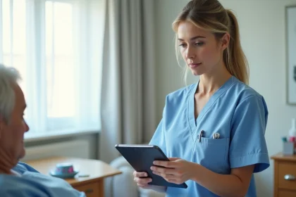 Infirmière utilisant une tablette numérique au chevet d'un résident en maison de retraite pour saisir des données de soin