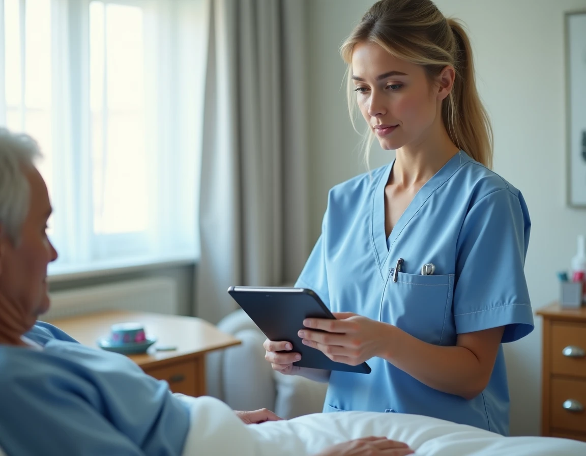 Infirmière utilisant une tablette numérique au chevet d'un résident en maison de retraite pour saisir des données de soin