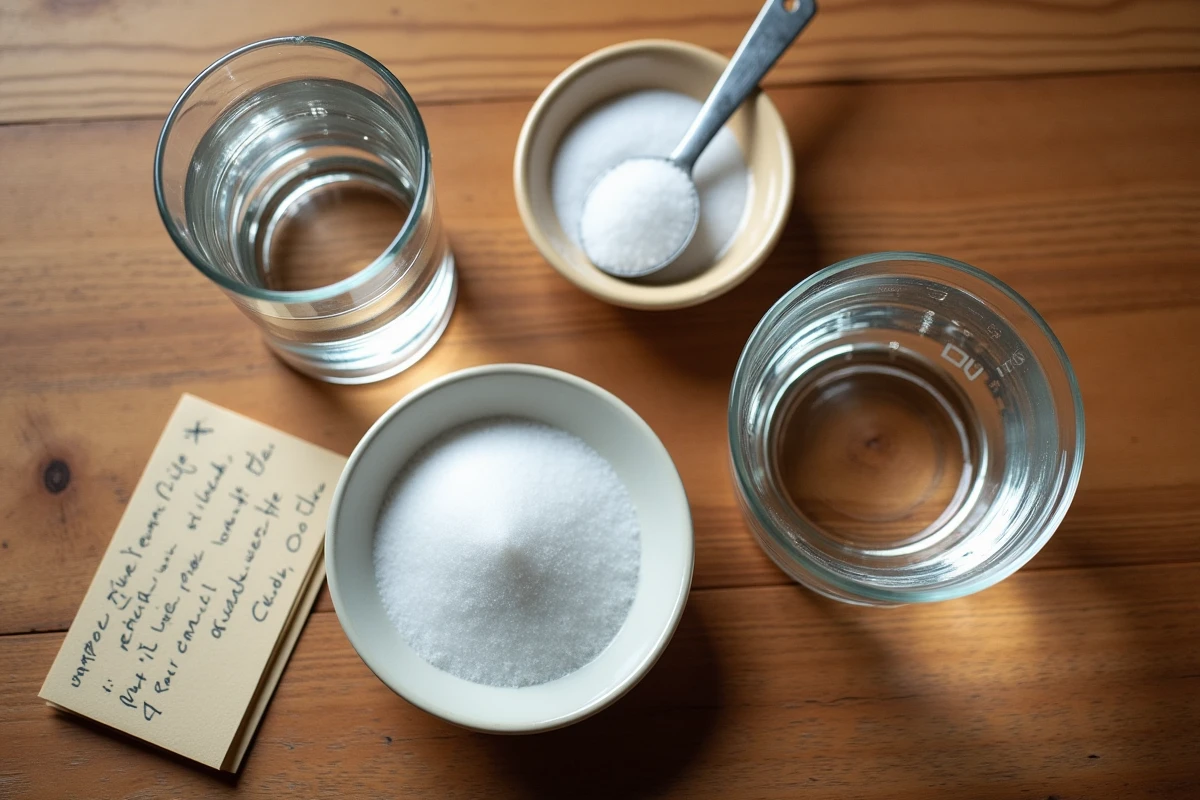 Vue de dessus des ingrédients pour préparer un sérum de réhydratation oral : eau, sel, sucre, cuillère et fiche de recette sur table en bois