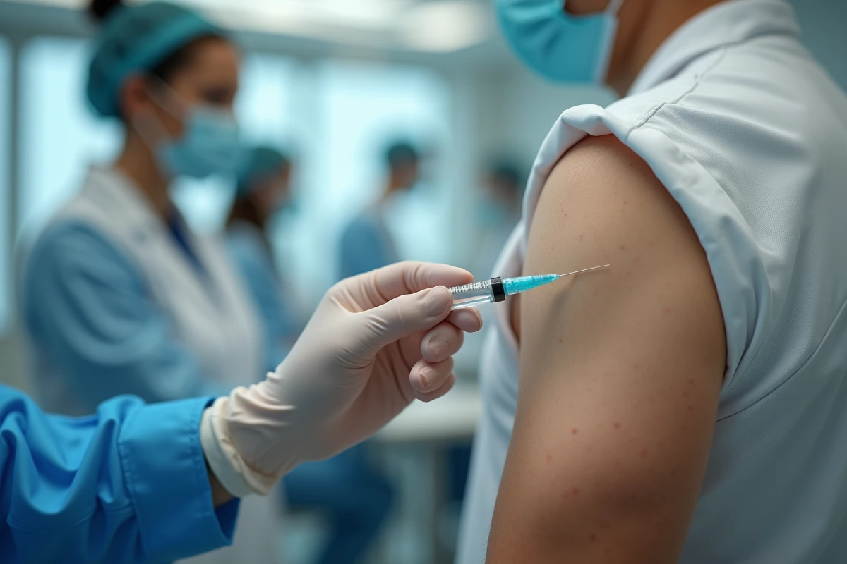Gros plan d'une injection vaccinale dans le muscle deltoïde du bras