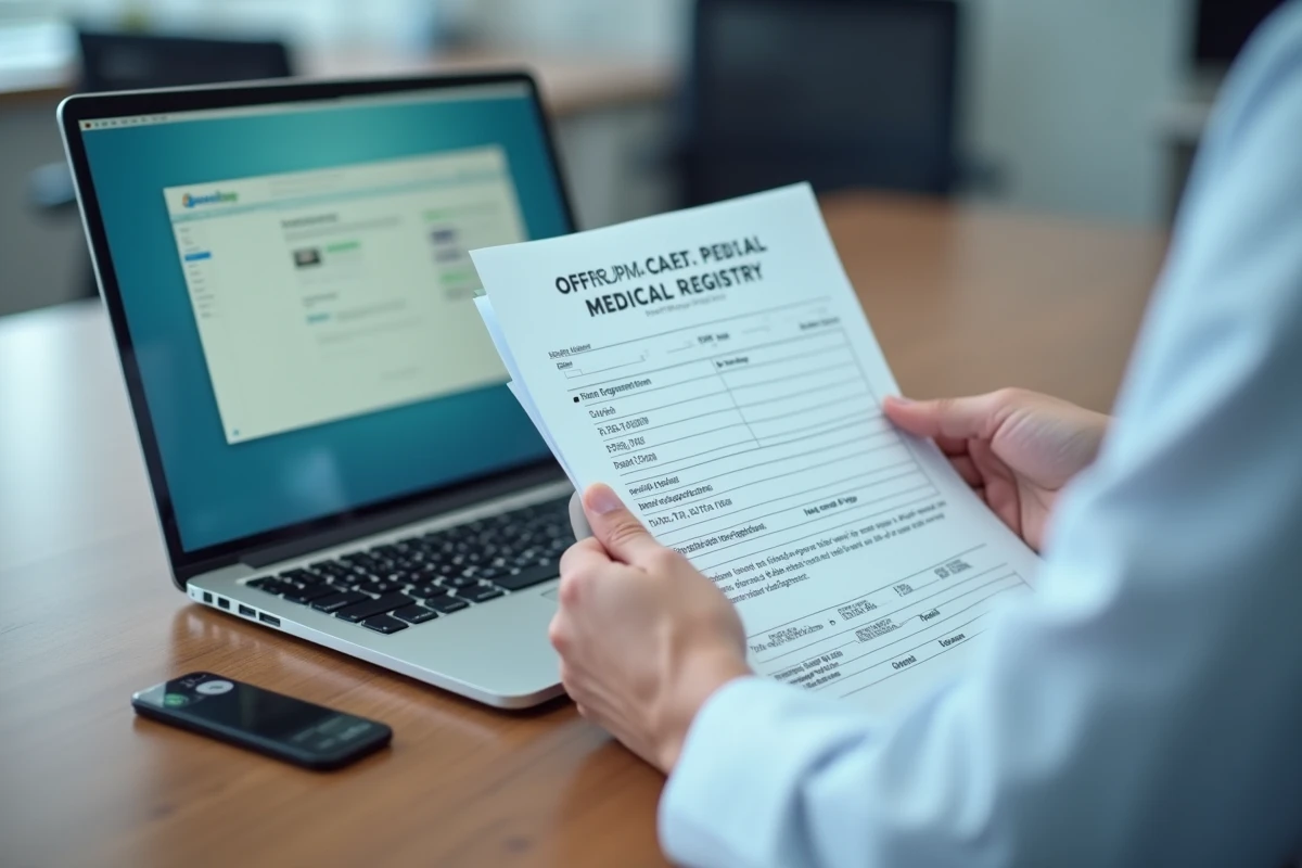 Document d'inscription au tableau de l'Ordre des médecins posé sur un bureau à côté d'un ordinateur affichant un registre médical officiel