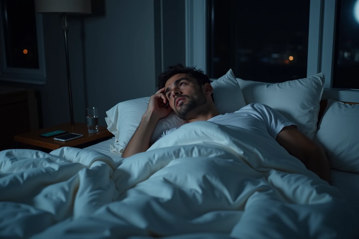 Homme insomniaque allongé dans son lit la nuit fixant le plafond incapable de dormir