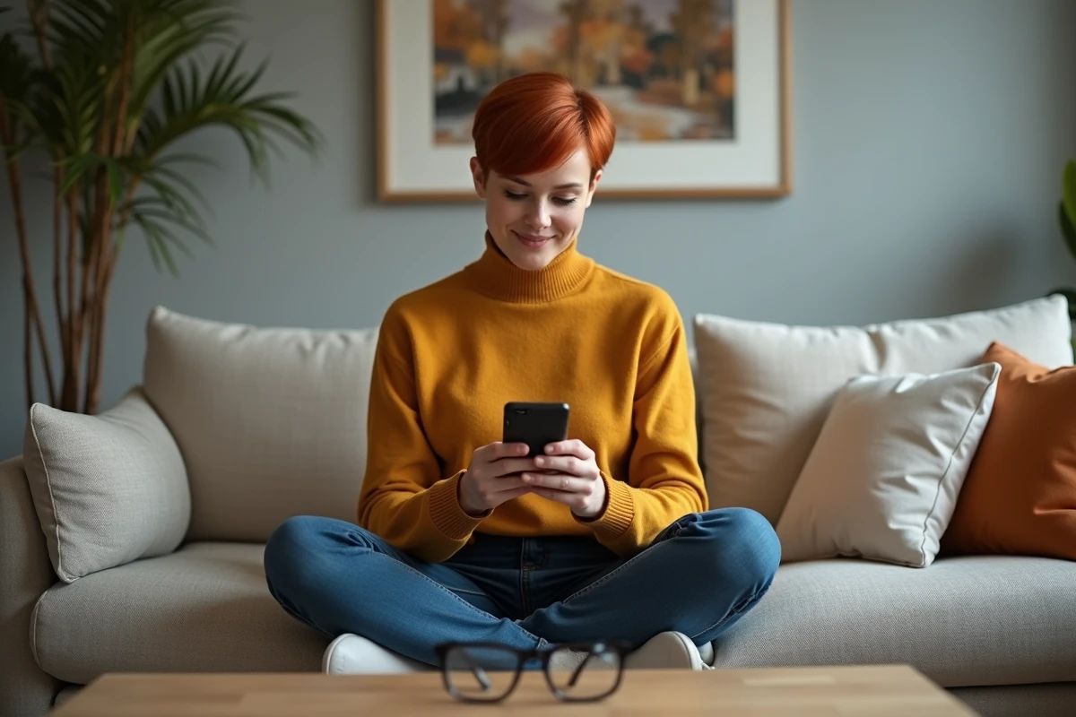 Jeune femme consultant un calculateur d'épaisseur de verres de lunettes sur son smartphone