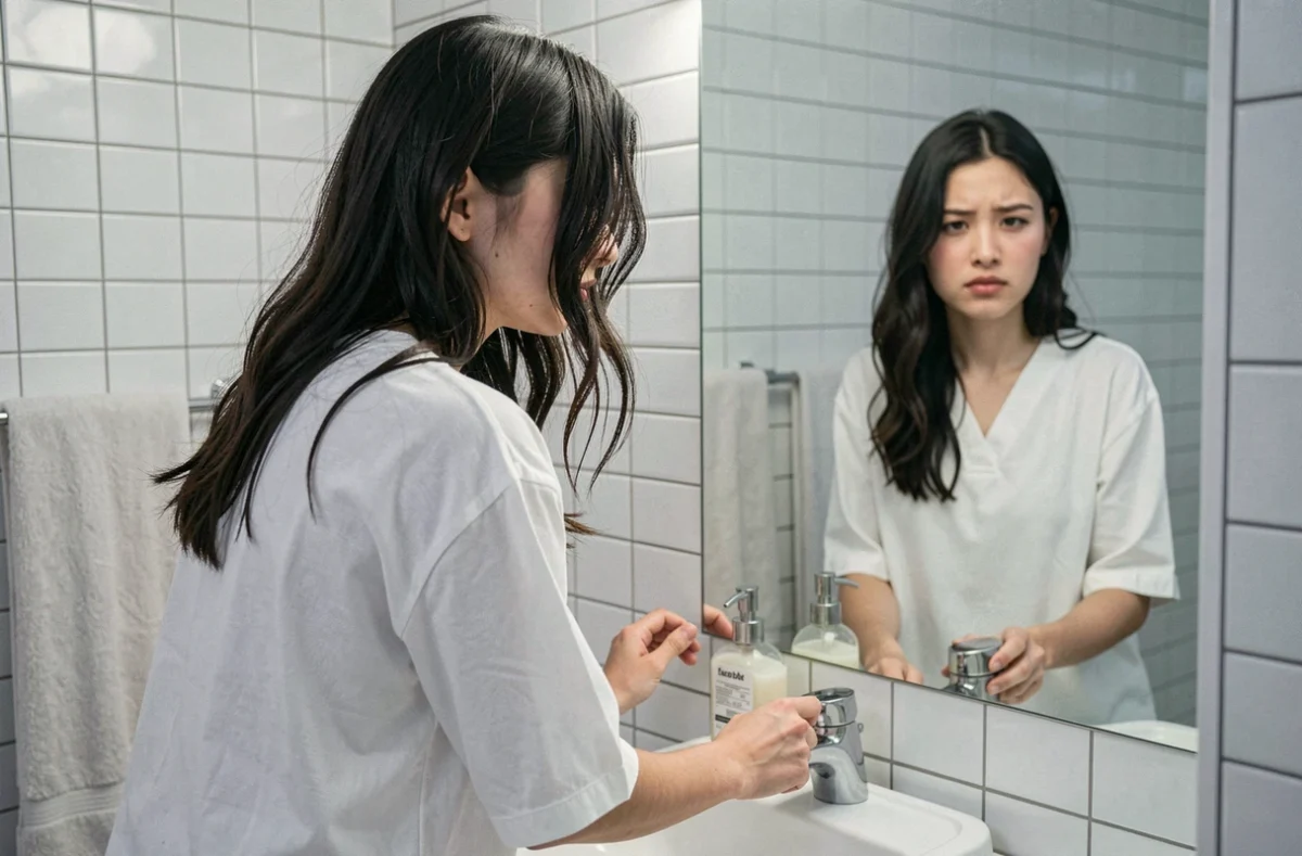 Jeune femme souffrant de vertiges dans une salle de bain, agrippée au lavabo face au miroir