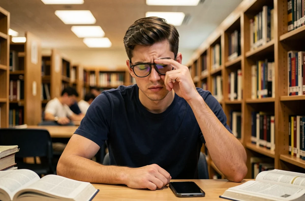 Jeune homme souffrant de fatigue visuelle à la bibliothèque universitaire après lecture sur écran