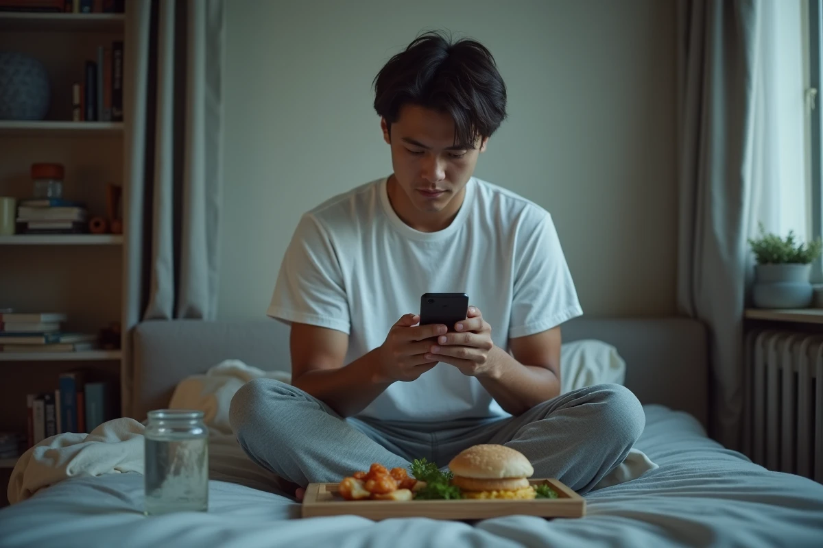 Jeune homme seul dans sa chambre regardant son téléphone sans manger, signe d'isolement social et de repli sur soi