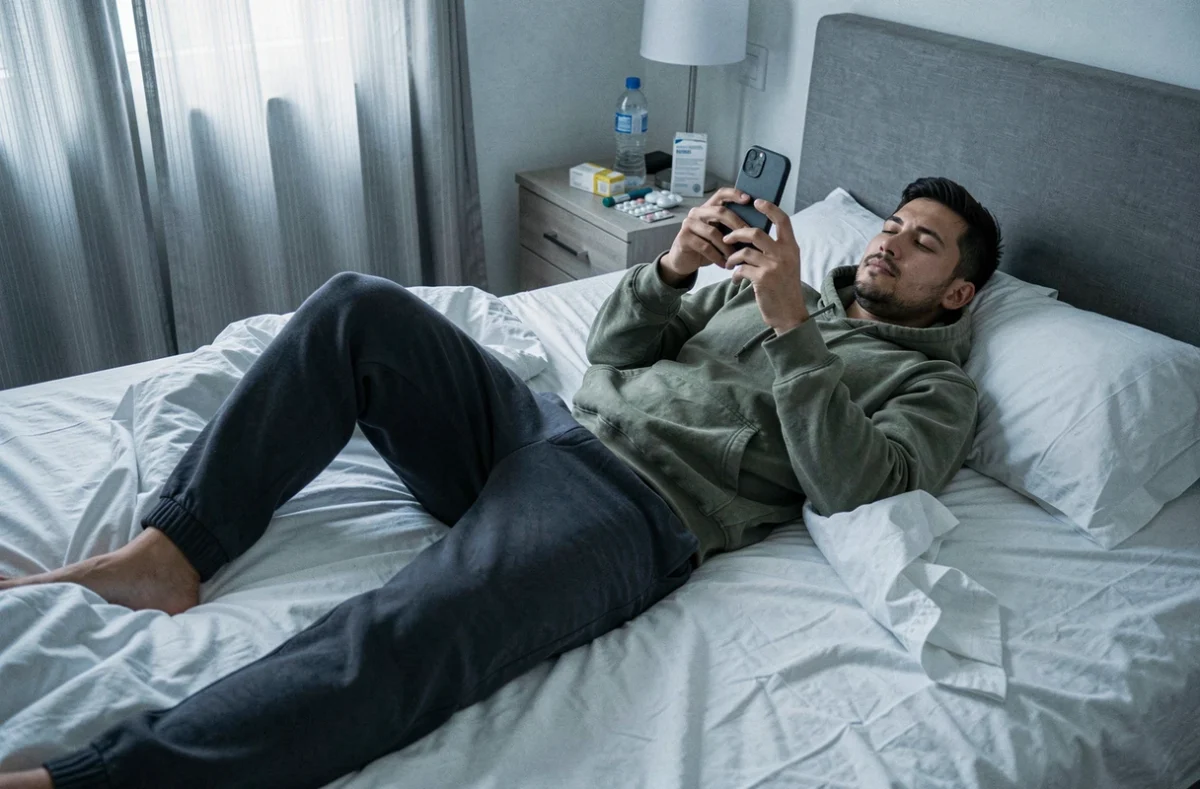 Jeune homme allongé sur son lit à scroller sur son téléphone en position sédentaire, illustrant le lien entre inactivité physique prolongée et risque de diabète de type 2