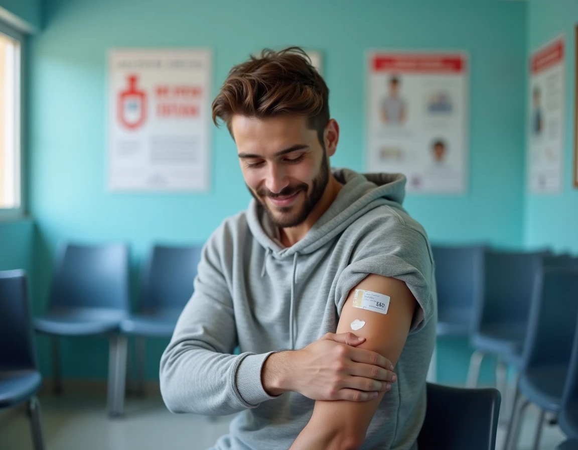 Jeune homme adulte montrant son bras après une vaccination dans une clinique de santé publique, prévention des maladies grâce au vaccin