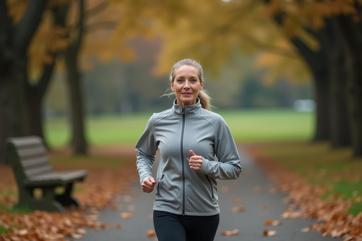Femme d'une cinquantaine d'années faisant du jogging dans un parc en automne pour prévenir les maladies dégénératives