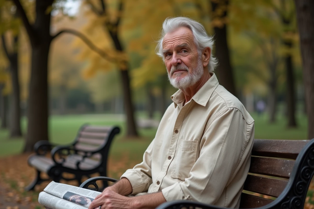 Journaliste âgé en chemise en lin beige assis seul sur un banc de parc parisien en automne, regard pensif évoquant une période de remise en question publique