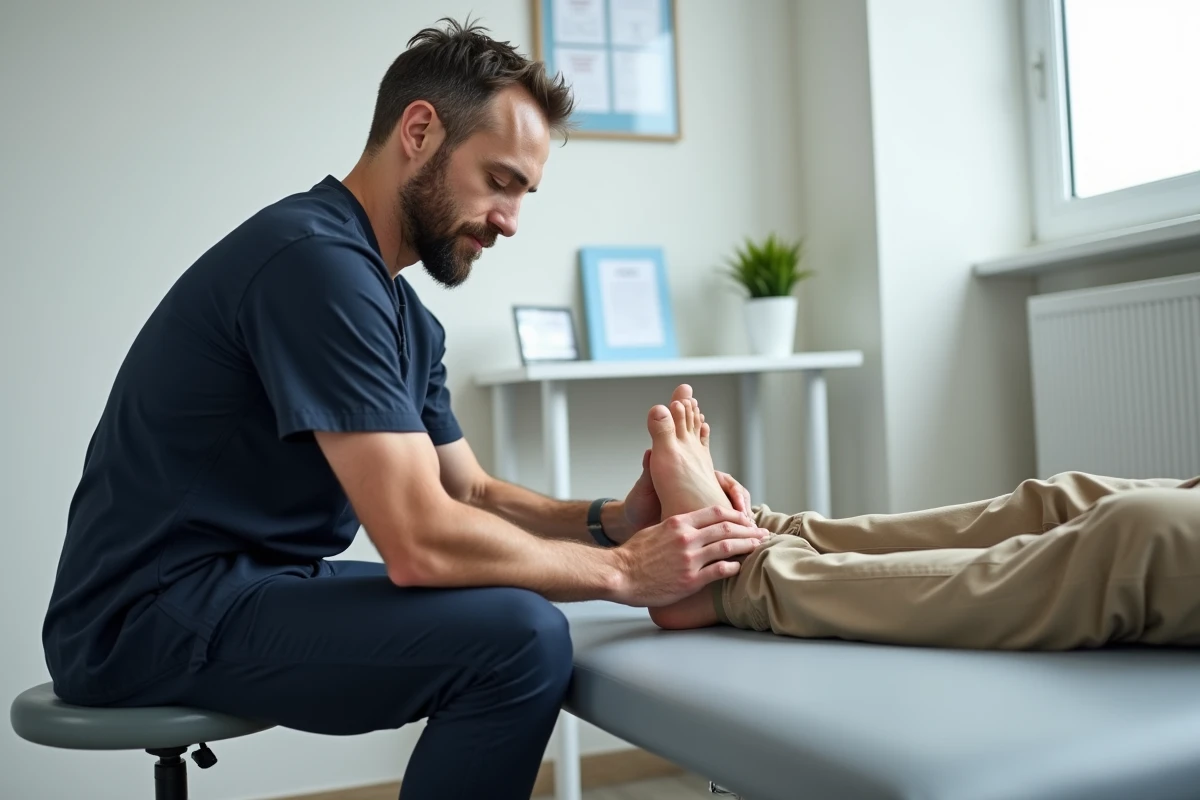 Kinésithérapeute examinant le talon d'un patient en cabinet médical pour diagnostiquer une épine calcanéenne