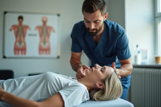 Kinésithérapeute réalisant une traction cervicale manuelle sur une patiente souffrant de rétrécissement foraminal C5-C6 en cabinet de rééducation