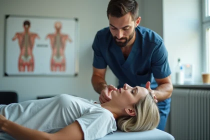 Kinésithérapeute réalisant une traction cervicale manuelle sur une patiente souffrant de rétrécissement foraminal C5-C6 en cabinet de rééducation