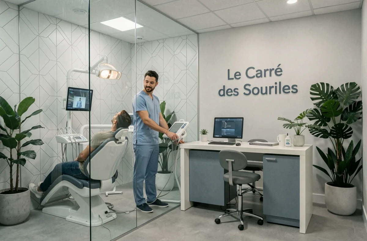 Intérieur design du cabinet Le Carré des Sourires avec un assistant dentaire guidant un patient dans une salle moderne