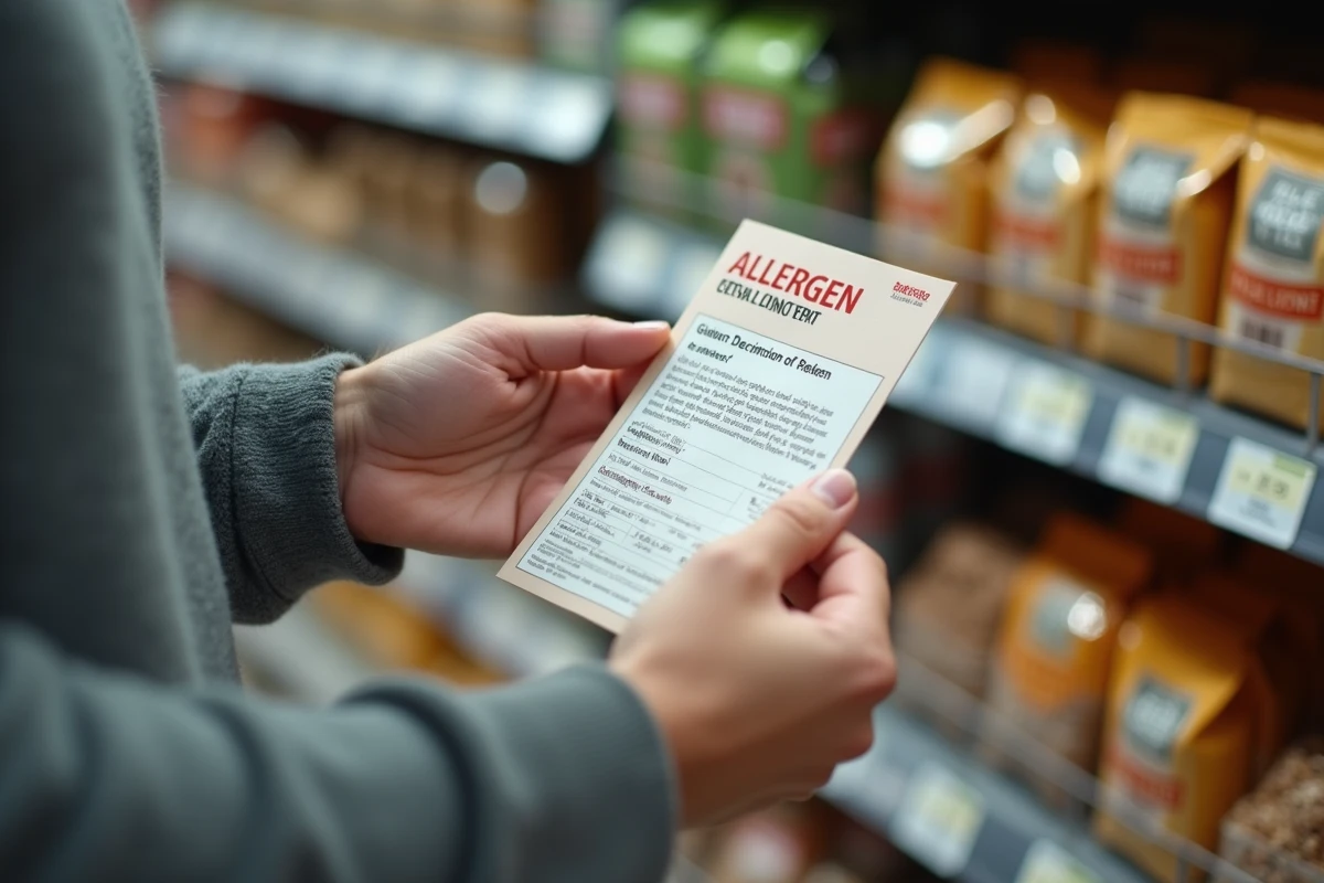 Homme lisant attentivement l'étiquette des allergènes sur un produit alimentaire dans un rayon de supermarché