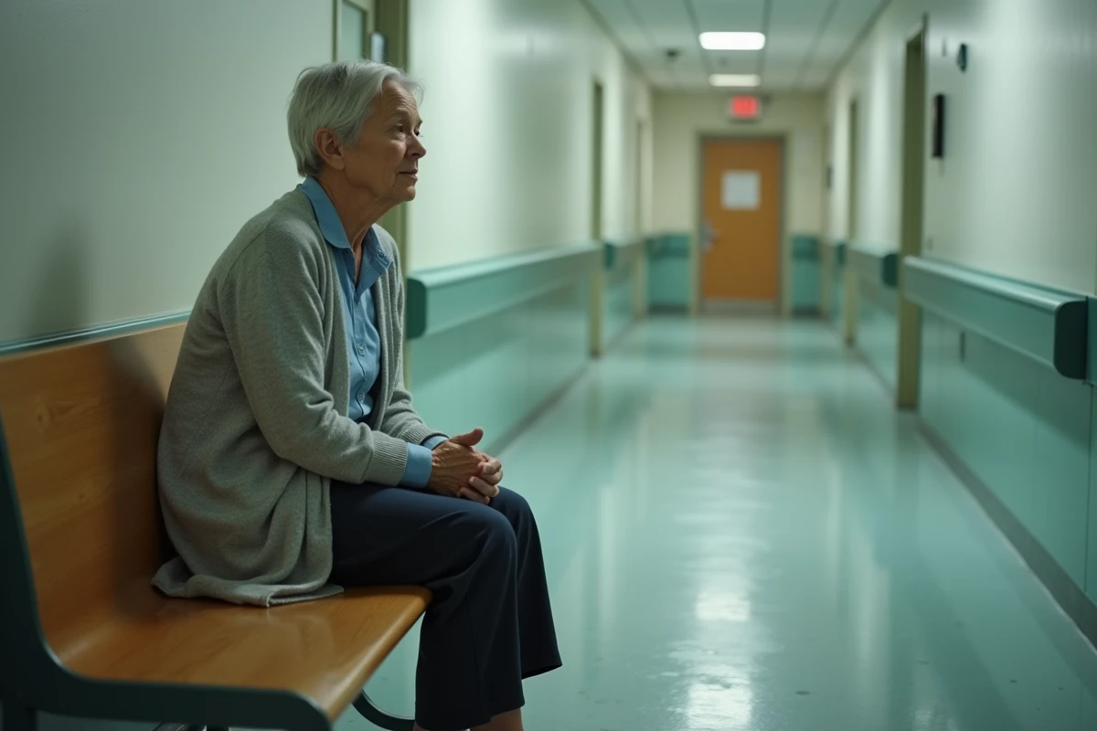 Femme assise seule dans un couloir d'hôpital psychiatrique, regard vide, illustrant l'isolement lié aux maladies mentales sévères