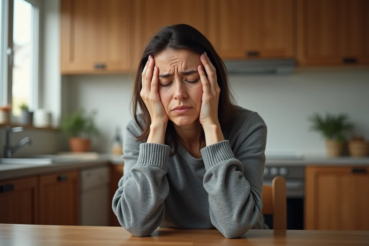 Femme souffrant d'un malaise vagal assise dans une cuisine, main sur le front, expression de malaise et étourdissement