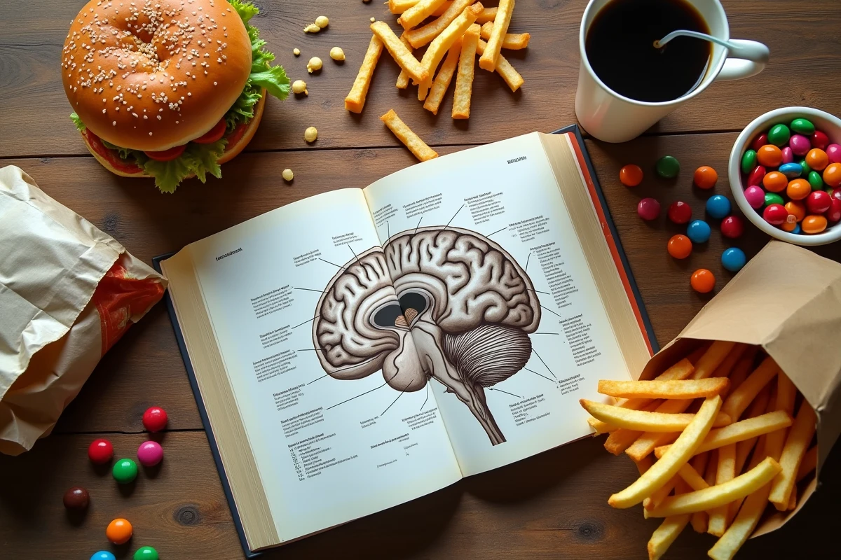 Vue aérienne d'un bureau avec de la malbouffe et un livre d'anatomie ouvert sur un schéma du cerveau, symbolisant les impacts des aliments malsains sur la santé neurologique