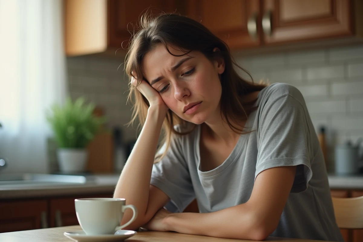 Femme fatiguée au manque de sommeil assise à la table de cuisine le matin avec des cernes prononcés