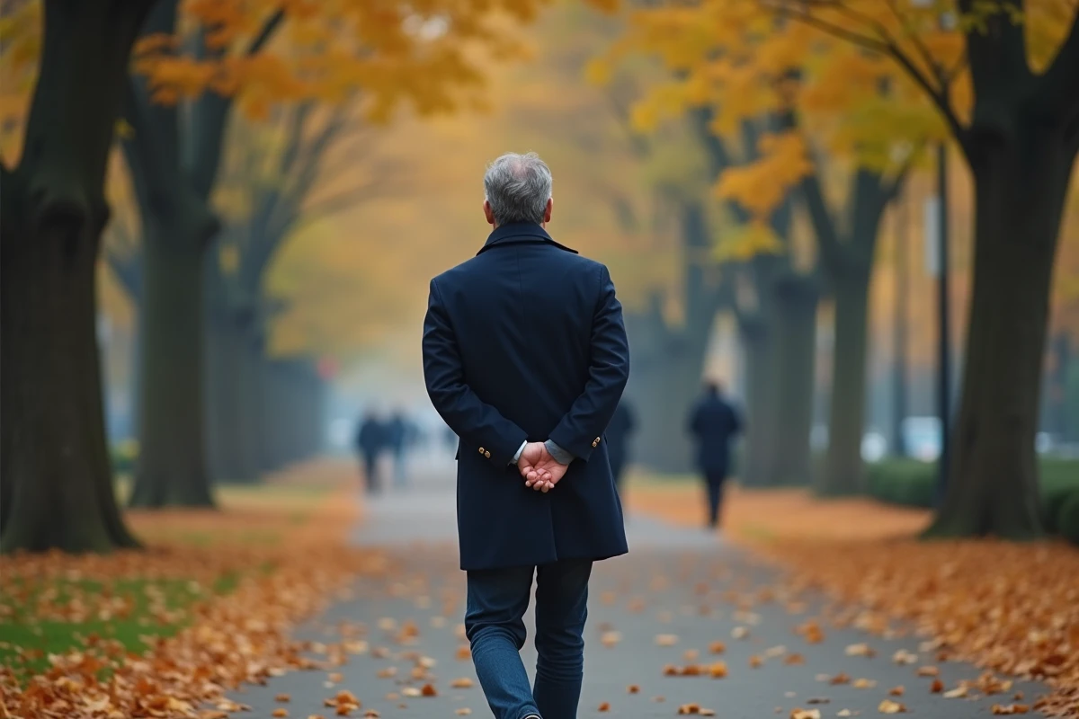 Homme marchant seul dans un parc en automne, illustrant l'apaisement mental par la connexion à la nature