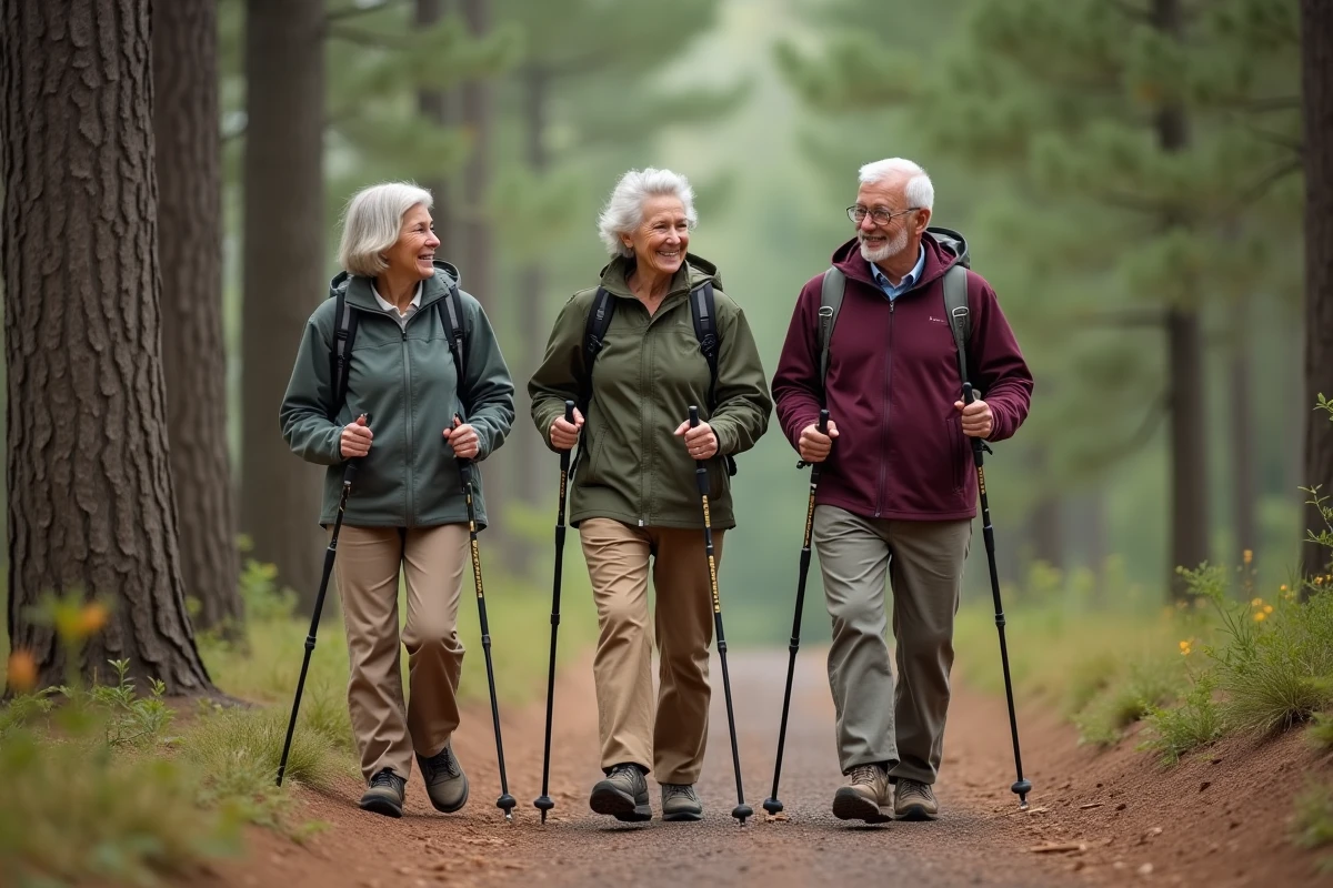 Groupe de seniors marchant ensemble sur un sentier forestier avec des bâtons de randonnée