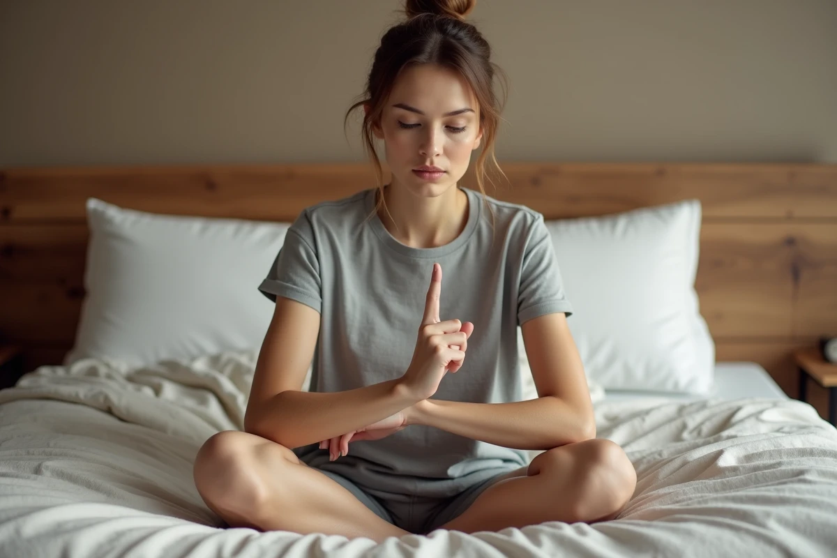 Femme pratiquant un massage du point d'acupression au poignet pour favoriser l'endormissement, assise sur un lit douillet