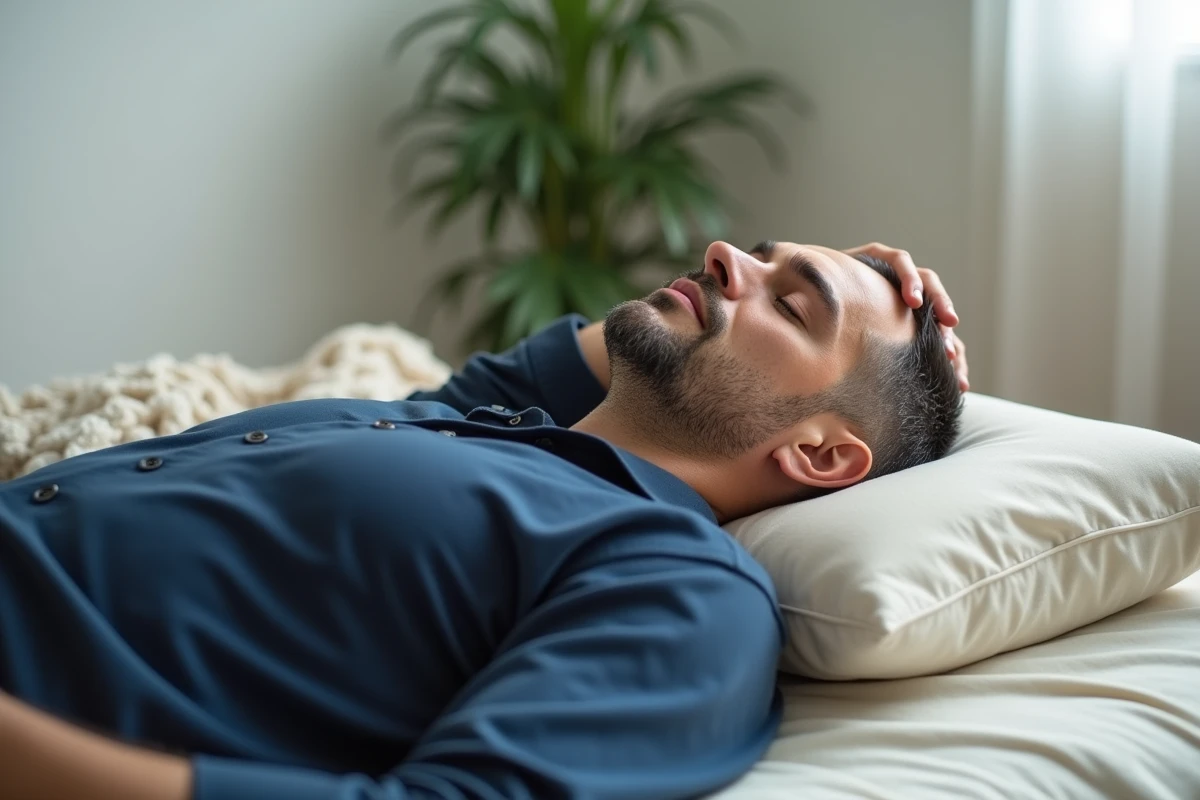 Homme allongé massant le point de pression à la base du crâne pour améliorer la qualité du sommeil