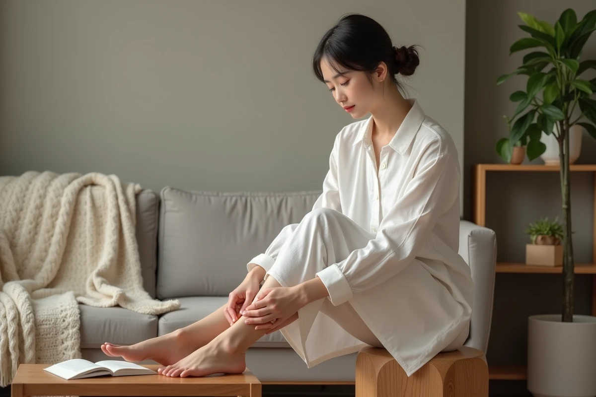 Jeune femme massant le point Yongquan sous la plante du pied pour préparer un sommeil réparateur