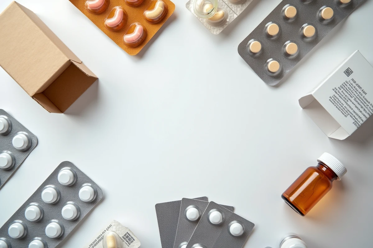Vue aérienne de matériaux d'emballage pharmaceutique incluant plaquettes thermoformées, flacons en verre ambré et notices patients sur fond blanc