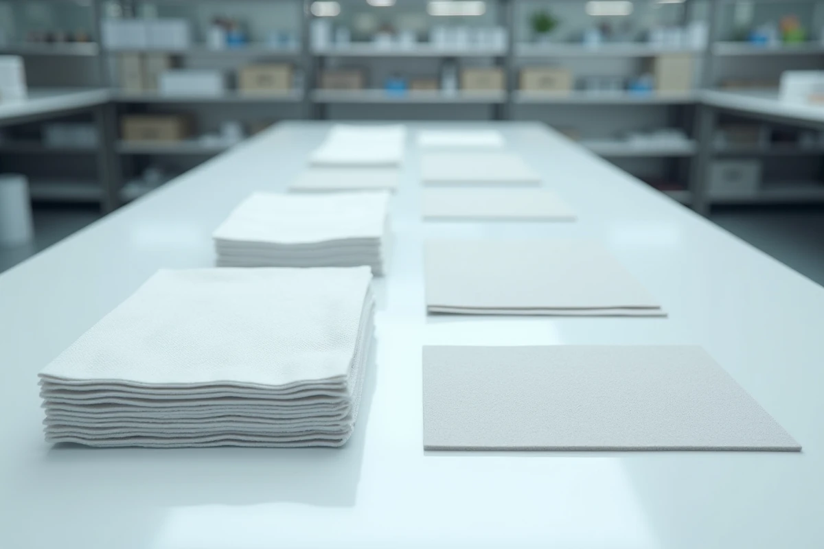 Sélection de matériaux haut de gamme pour la fabrication de masques professionnels disposés sur un plan de travail de laboratoire