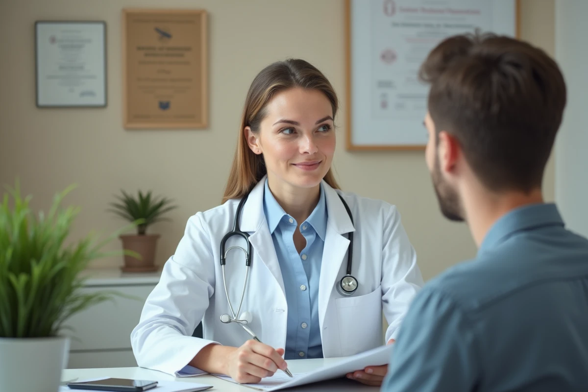 Médecin femme en consultation avec un patient dans un cabinet médical moderne, illustrant l'importance du suivi médical préventif pour la santé