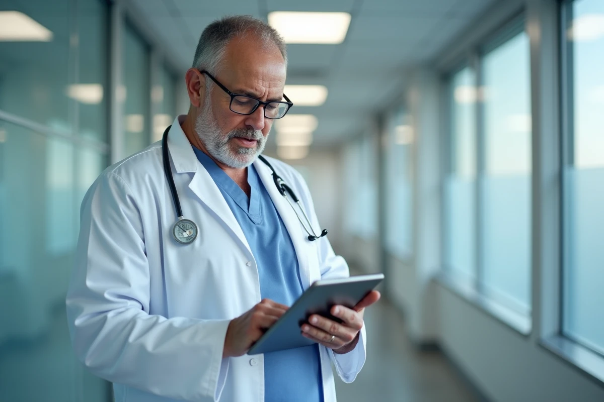 Médecin analysant une courbe de normalisation des gamma-GT sur tablette numérique en milieu hospitalier