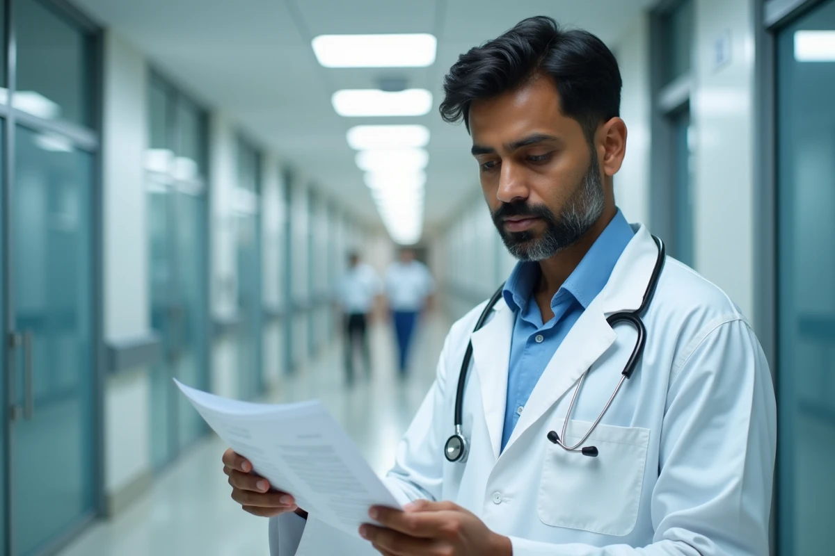Médecin indien en blouse blanche consultant un dossier médical dans un couloir d'hôpital moderne