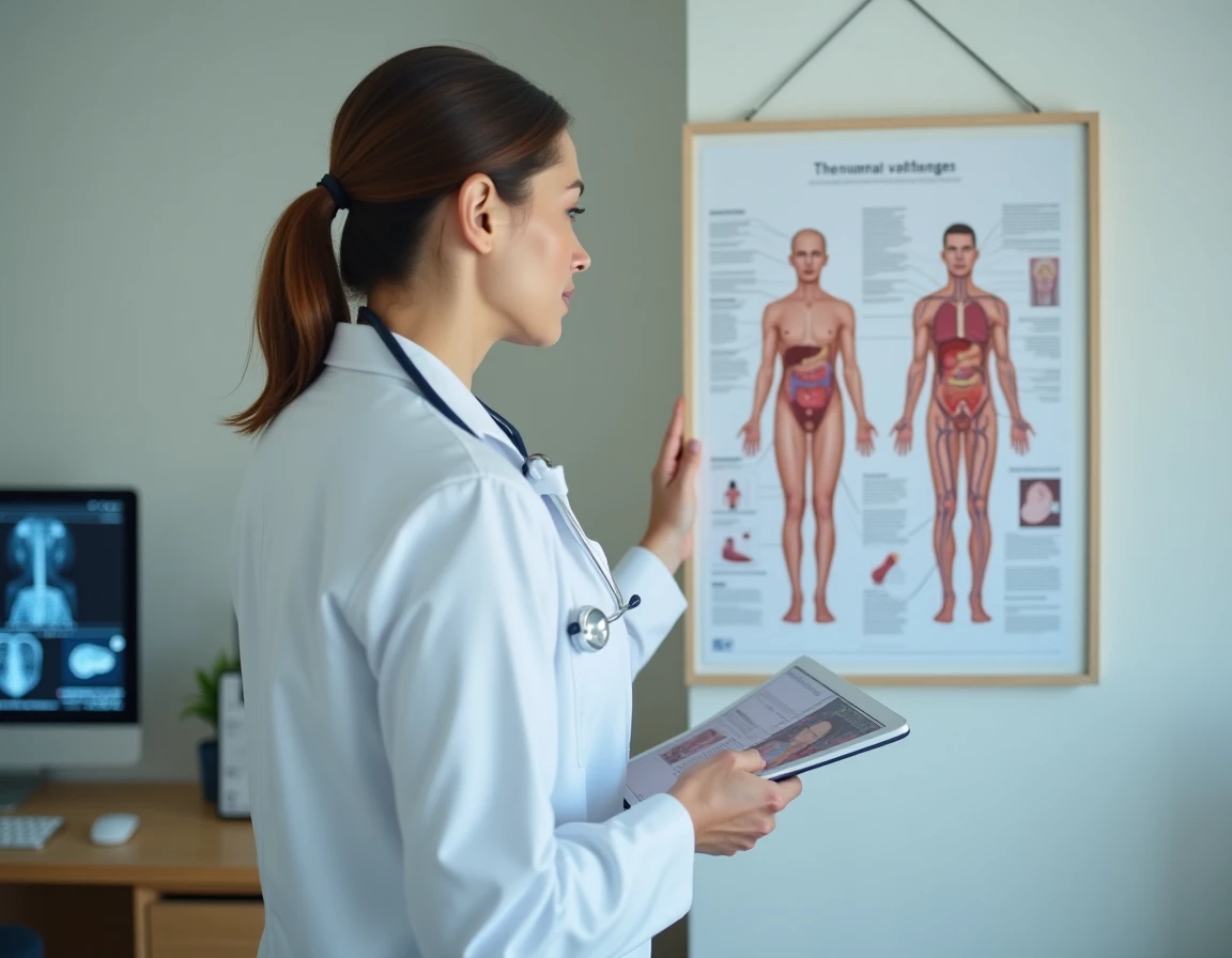 Rhumatologue étudiant un schéma anatomique des organes dans un cabinet médical moderne pour illustrer les maladies auto-immunes