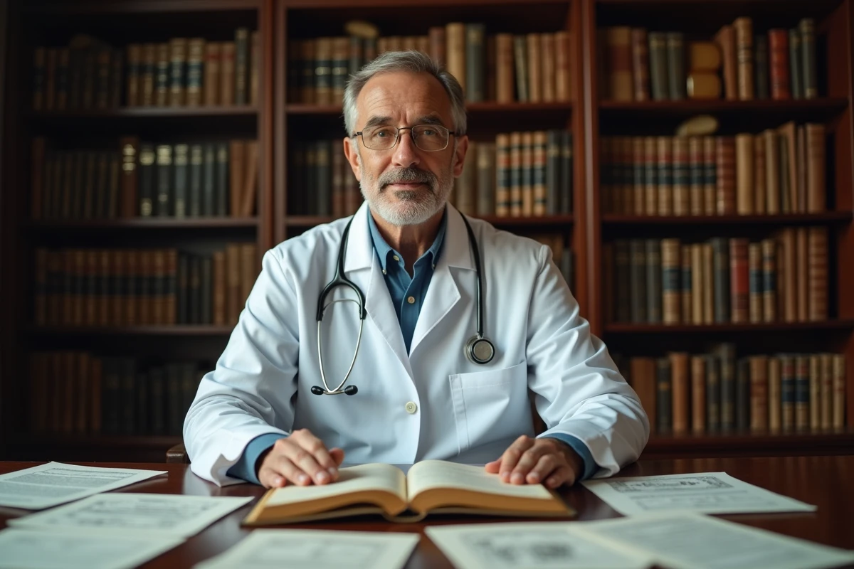 Médecin consultant un manuel médical historique sur le choléra dans son bureau