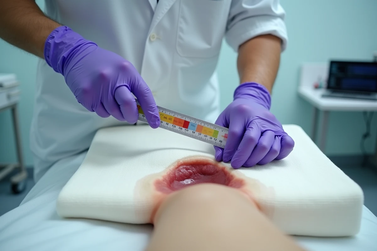 Médecin mesurant une escarre fessière avec une règle clinique pour le suivi de cicatrisation