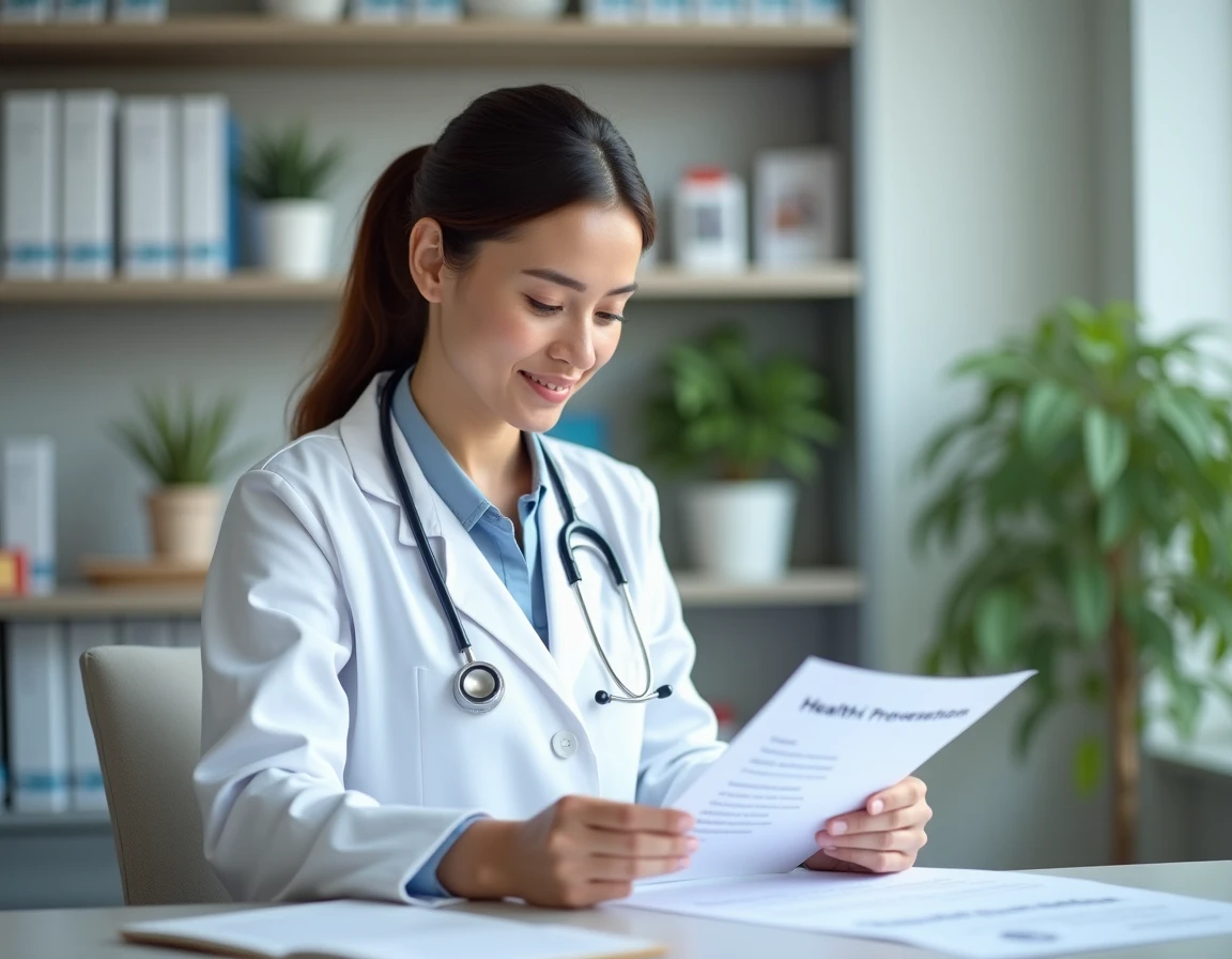 Médecin femme examinant une liste de mesures préventives contre les maladies dans un cabinet médical