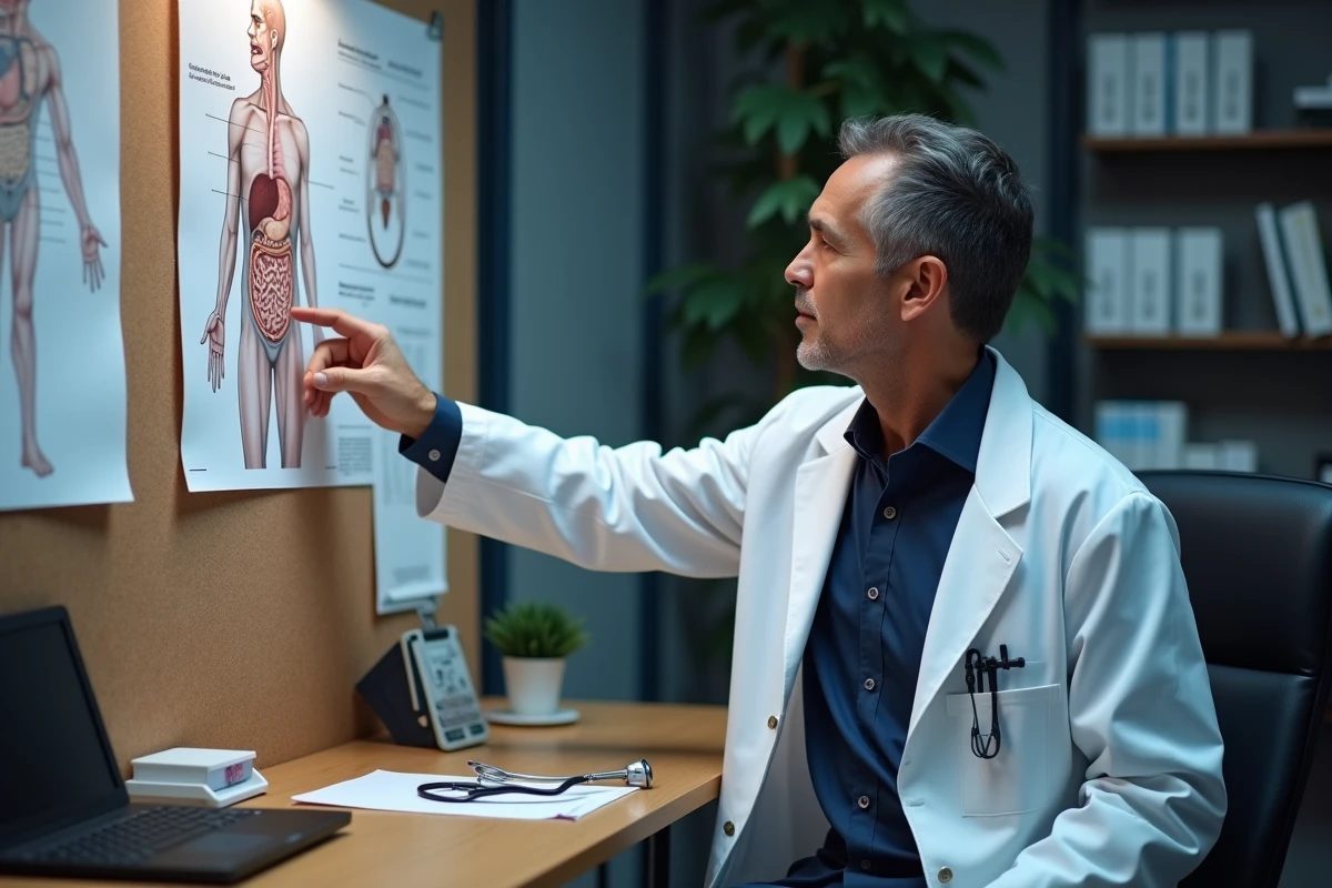 Médecin gastro-entérologue expliquant le rôle du microbiote intestinal devant un schéma anatomique du système digestif