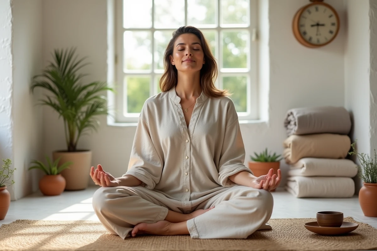 Femme en méditation dans un studio de bien-être holistique avec bols tibétains et herbes aromatiques
