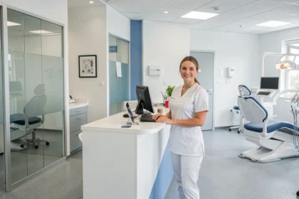 Vue d'ensemble d'un centre dentaire moderne dans le Nord de la France avec une réceptionniste souriante accueillant des patients