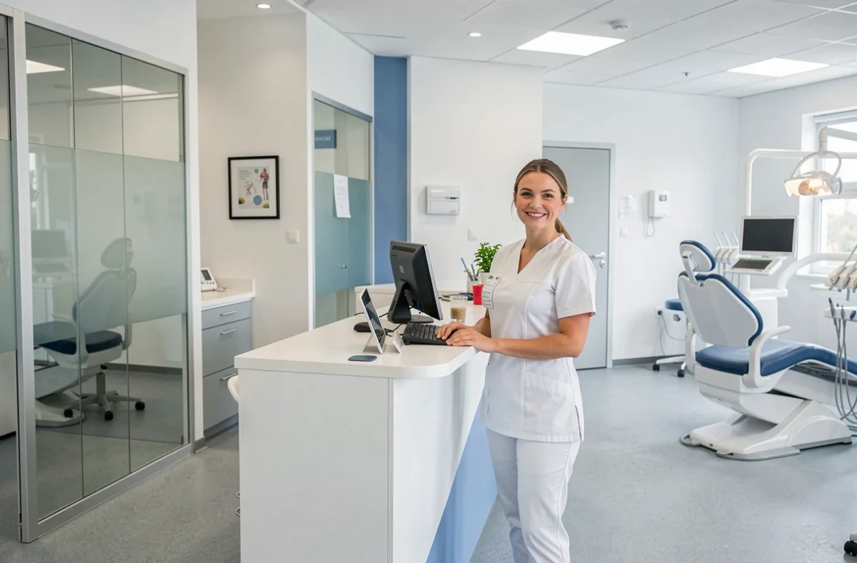 Vue d'ensemble d'un centre dentaire moderne dans le Nord de la France avec une réceptionniste souriante accueillant des patients