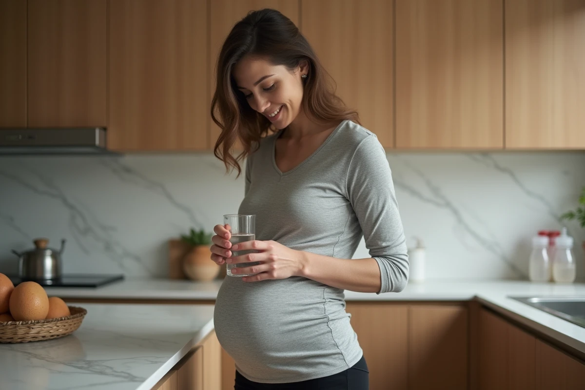 Jeune mère tenant un verre d'eau dans sa cuisine après l'accouchement, illustrant l'hydratation pour la perte de poids postnatale