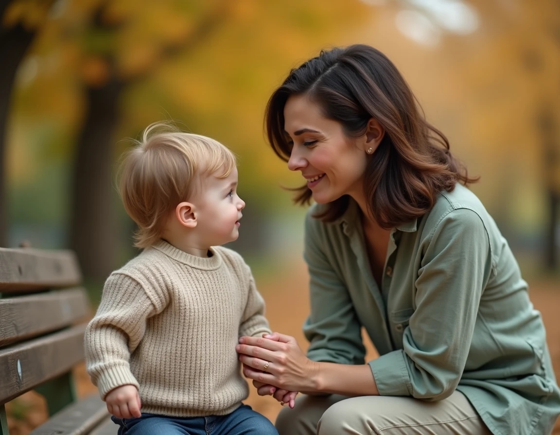 Mère attentive écoutant les vocalisations de son fils autiste dans un parc en automne
