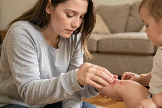 Jeune mère examinant le genou écorché de son enfant en bas âge dans un salon cosy, illustrant les soins parentaux pour les petits bobos du quotidien