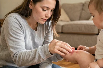 Jeune mère examinant le genou écorché de son enfant en bas âge dans un salon cosy, illustrant les soins parentaux pour les petits bobos du quotidien