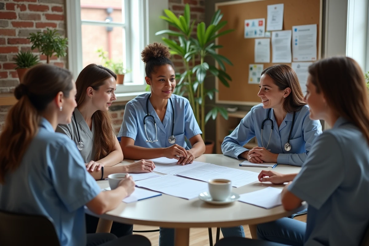Équipe de soins interdisciplinaire analysant un plan de soins partagé dans une clinique communautaire